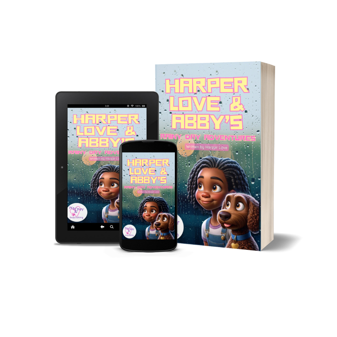 Harper Love & Abby's Rainy Day Adventures book shown on tablet, phone, and paperback